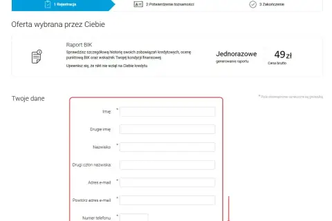 Formularz do wypełnienia danych osobowych w celu wygenerowania raportu BIK. Sprawdź swoją historię kredytową, aby upewnić się, że nikt nie wziął na Ciebie kredytu.
