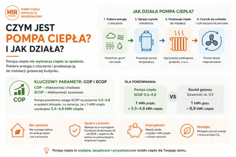 Pompa ciepła pobiera energię z otoczenia, by ogrzać dom. Z 1 kWh prądu daje 3,5-4,8 kWh ciepła, co daje oszczędność i ekologię.
