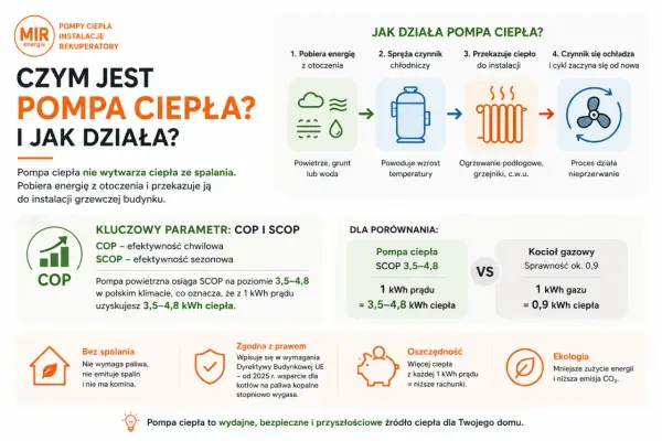 Pompa ciepła pobiera energię z otoczenia, by ogrzać dom. Z 1 kWh prądu daje 3,5-4,8 kWh ciepła, co daje oszczędność i ekologię.