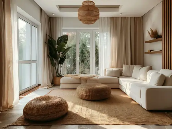 Jasny salon w stylu scandi boho z wygodną, kremową kanapą, plecionymi pufami i dużą rośliną.