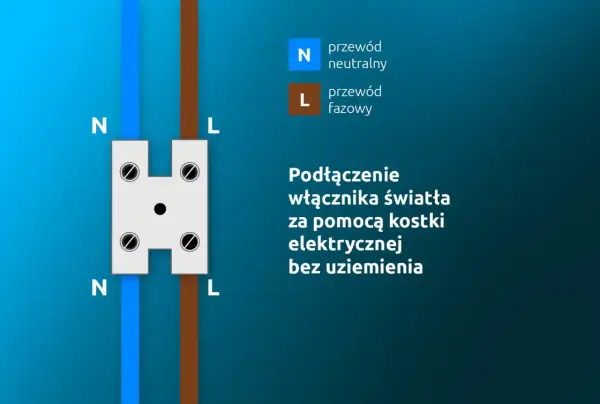 Schemat podłączenia oświetlenia z gniazdka: przewód neutralny (N) i fazowy (L) łączone w kostce elektrycznej bez uziemienia.