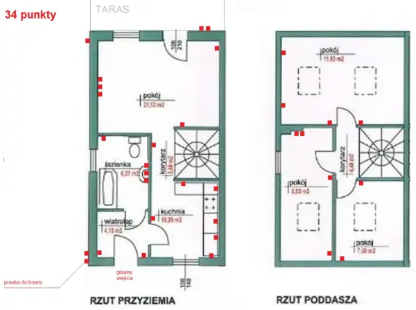 Schemat rozmieszczenia punktów elektrycznych w domu, pokazujący jak rozmieścić gniazdka w domu na rzutach parteru i poddasza.